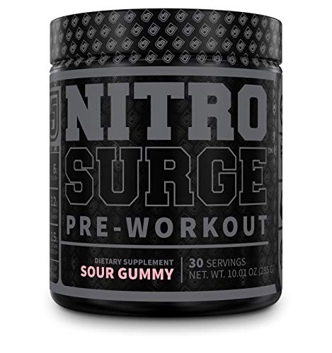 NITROSURGE Black Pre Workout Supplement - Nootropic Energy Booster Powder w/Dynamine & TeaCrine - PreWorkout Nitric Oxide Booster - 30 Servings, Sour Gummy