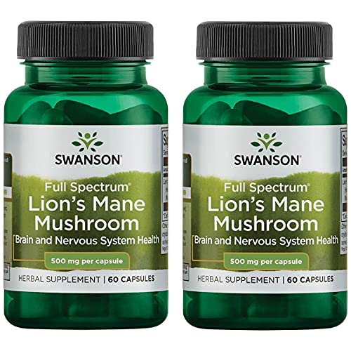 Swanson Lion's Mane Mushroom Memory Support Mental Focus Brain Booster Herbal Supplement Hericium Erinaceus (Mycelium Biomass) 500 mg 60 Capsules (2 Pack)