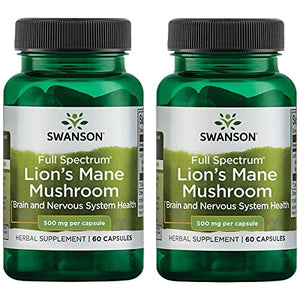 Swanson Lion's Mane Mushroom Memory Support Mental Focus Brain Booster Herbal Supplement Hericium Erinaceus (Mycelium Biomass) 500 mg 60 Capsules (2 Pack)