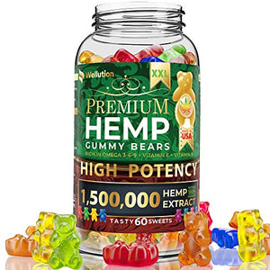 Wellution Hemp Gummies 1,500,000 XXL High Potency - Fruity Gummy Bear with Hemp Oil, Natural Hemp Candy Supplement