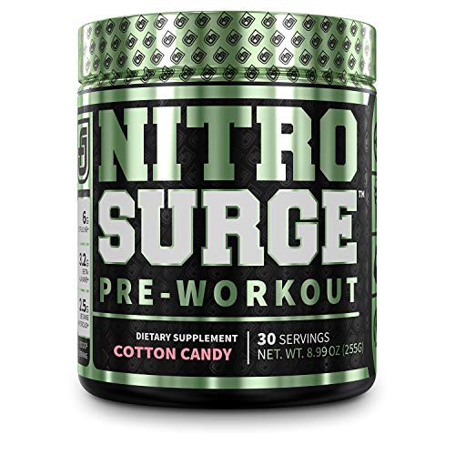 NITROSURGE Pre Workout Supplement - Endless Energy, Instant Strength Gains, Clear Focus, Intense Pumps - Nitric Oxide Booster & Powerful Preworkout Energy Powder - 30 Servings, Cotton Candy