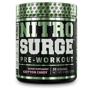 NITROSURGE Pre Workout Supplement - Endless Energy, Instant Strength Gains, Clear Focus, Intense Pumps - Nitric Oxide Booster & Powerful Preworkout Energy Powder - 30 Servings, Cotton Candy