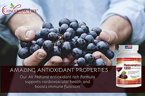 Resveratrol Capsule Supplement with Quercetin - Grape Seed Extract - Green Tea Resveratrol-1200mg Helps Promote Healthy Brain and Heart Function - 60 Capsules (1)