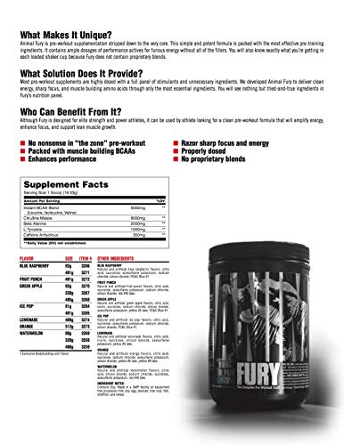 Animal Fury Pre Workout Powder Supplement for Energy and Focus 5g BCAA 350mg Caffeine Nitric Oxide Without Creatine Powerful Stimulant for Bodybuilders, Watermelon, Watermelon, 16.96 Ounce