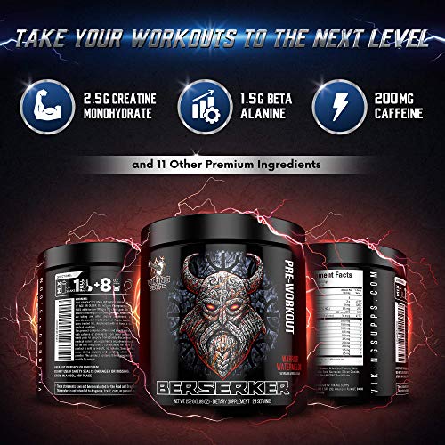 Viking Supps Berserker Pre-Workout, with Creatine, Beta-Alanine, and Caffeine for Energy, Warrior Watermelon (Watermelon) Flavor, 24 Servings