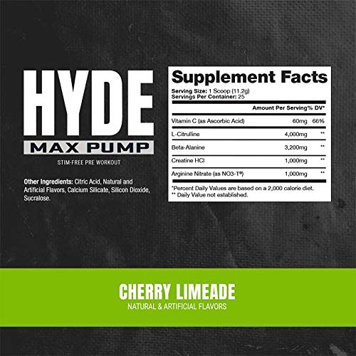 ProSupps Hyde Max Pump Pre Workout for Men and Women - Nitric Oxide Supplement for Energy, Pump and Endurance - Stimulant Free Pre Workout to Promote Blood Flow (Cherry Limeade, 25 Servings)