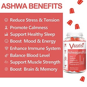 2 Pack Ashwagandha Gummies with Zinc, Sodium, Magnesium, Vitamin B12, Vitamin D - Calm, Relaxation, Mood, Energy & Immune Support, Women & Men, Adults & Kids - 120 Vegan Gummies