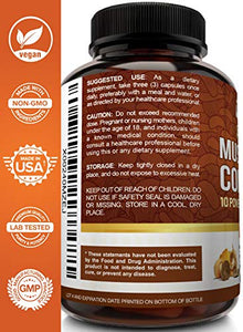 NutriFlair Mushroom Supplement 2600mg - 90 Capsules - 10 Mushrooms - Reishi, Lions Mane, Cordyceps, Chaga, Turkey Tail, Maitake, Shiitake Nootropic Complex - Brain, Energy, Focus