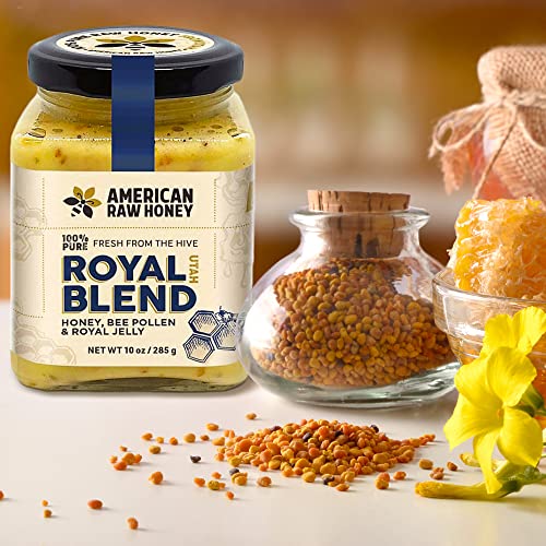 American Raw Honey - Royal Blend - Raw Honey with Royal Jelly and Bee Pollen, Full of Antioxidants and Essential Nutrients (10 oz. / 285g) - Energizing, Hormone Support, Immunity