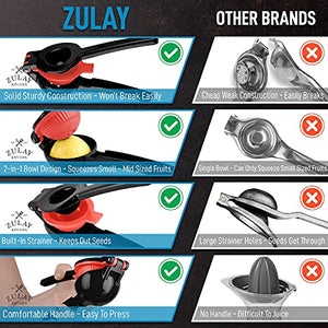 Zulay Metal 2-In-1 Lemon Lime Squeezer - Hand Juicer Lemon Squeezer - Max Extraction Manual Citrus Juicer (Midnight Black and Red)