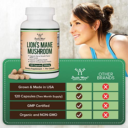 Lions Mane Mushroom Capsules (Two Month Supply - 120 Count) Vegan Supplement - Nootropic to Support Brain Health, Neuron Growth, and Immune System, Made in The USA by Double Wood