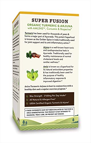 Avira Organic Turmeric Arjuna - Super Fusion with Amla, Curcumin & Bioperine, Supports Cardiovascular Health, Cholesterol & Heart Wellness Supplement, Enhanced Absorption, Max Strength-2160mg Per Day