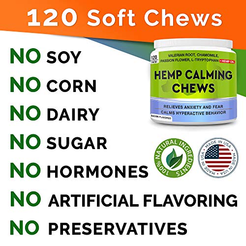 GOODGROWLIES Calming Hemp Treats for Dogs - Made in USA with Hemp Oil - Anxiety Relief - Separation Aid - Stress Relief During Fireworks, Storms, Thunder - Aggressive Behavior, Barking - Bacon