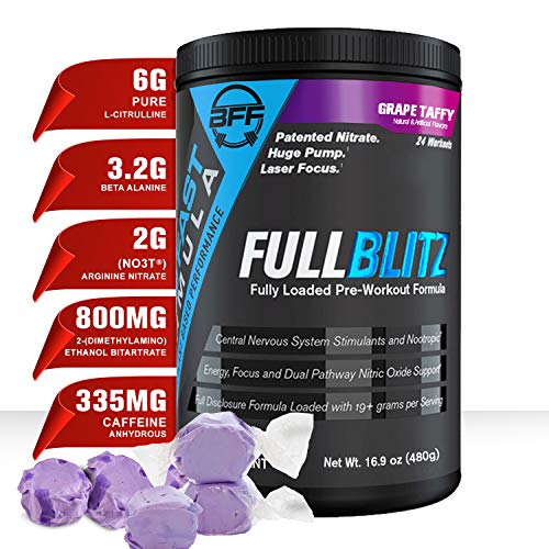 FULLBLITZ by BFF Build Fast Formula | Fully Loaded Pre-Workout | Energy Booster + Huge Dual Pathway Nitric Oxide Boosting Muscle Pumps, Laser Focus & Nootropic Blend – 24 Workouts (Grape Taffy)