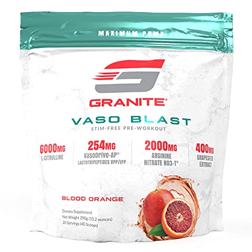 Granite® Vaso Blast Advanced 'Stim-Free' Pre-Workout | Supports Vasodialation, NO Conversion, & ACE Inhibition for Max Pump with Grapeseed Extract, Arginine Nitrite, & VasoDrive-AP® (Blood Orange)