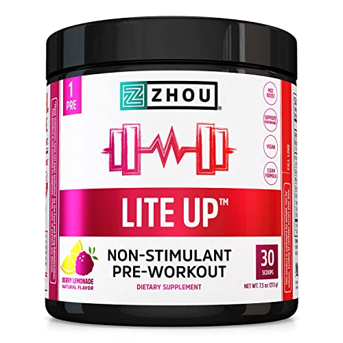 Zhou Nutrition Lite Up, Non-Stimulant Pre Workout Powder, Caffeine Free Nitric Oxide Booster, No Sugar Added, Vegan, Gluten Free, Non GMO, Berry Lemonade, 7.5 Oz