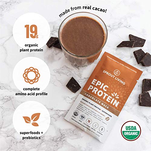 Sprout Living's Epic Protein, Plant Based Protein & Superfoods Powder, Chocolate Maca Powder | 19 Grams Organic Protein Powder, Vegan, Non Dairy, Non-GMO, Gluten Free, Low Sugar (1 Pound, 13 Servings)