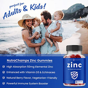 Zinc Gummies (2 Pack) 120 Gummies Immune Boost for Kids & Adults | 50mg Zinc Gummy Supplement with Vitamin D3 & Echinacea for Immune Support | Non-GMO Immunity Booster 25mg Per Chewable