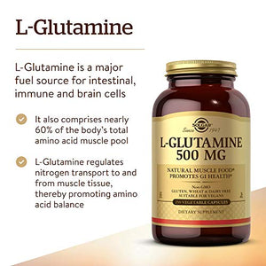 Solgar L-Glutamine 500 mg, 250 Vegetable Capsules - Natural Muscle Food - Promotes Gastrointestinal (GI) Health - Supports Brain Health - Non-GMO, Vegan, Gluten Free, Dairy Free