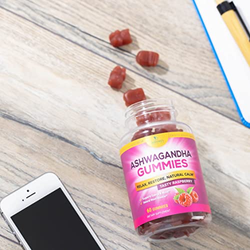 Ashwagandha Gummies - Relax, Calm, Unwind with Potent Mood & Stress Support Vitamins - Vegan Friendly, Non-GMO, Plant-Pectin Based - Delicious Raspberry Flavor Chews for Women & Men - 60 Gummies