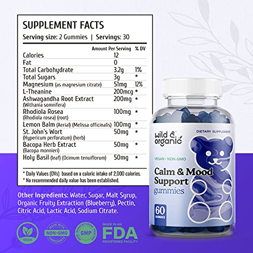 Wild & Organic Calm & Mood Support Gummies - Herbal Supplement with Magnesium, L-Theanine, Ashwagandha, Lemon Balm & Bacopa - Support Calmness, Alertness, Stress Relief - Vegan, Non-GMO - 60 Chews