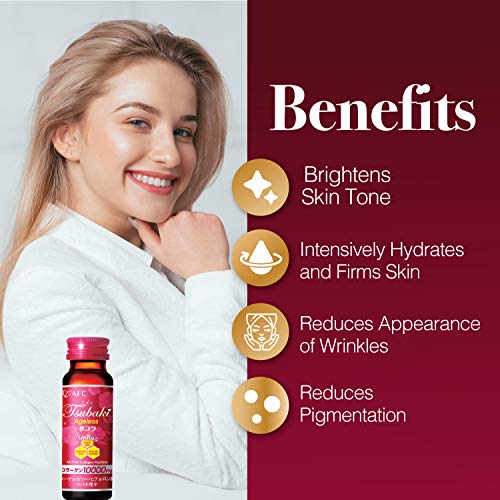 AFC Japan Tsubaki Ageless Beauty Collagen Drink from Japan with 10,000mg Marine Collagen Peptides + 500mg Royal Jelly + Hyaluronic Acid + Vitamin Bs & C for Skin Revitalization (1.69fl.ozx10 Bottles)