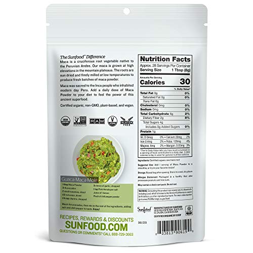 Sunfood Maca Root Powder, Organic, Raw. for Men & Women. Highest Quality Maca from Peru. 100% Pure: No Additives, Fillers or Preservatives. 8 oz Bag