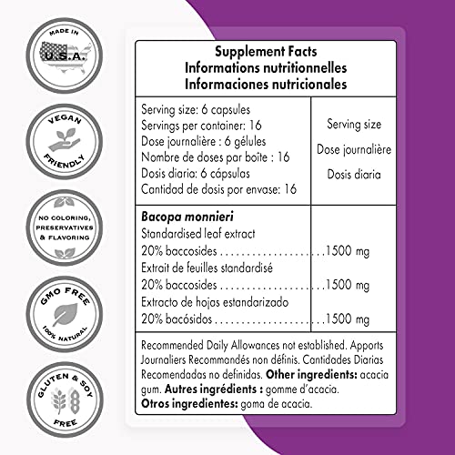 Supersmart - Bacopa Monnieri 1500 mg Per Day - Nootropic Supplement & Brain Boost - Help Improve Learning, Memory & Information Processing | Non-GMO & Gluten Free - 100 Vegetarian Capsules