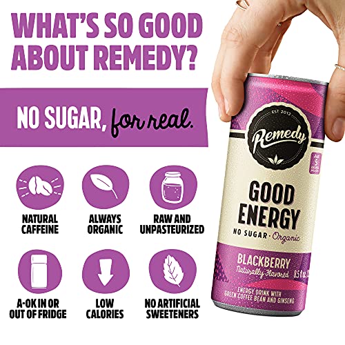 Remedy Natural Energy Drink - Sugar Free, USDA Organic, Low Carb & Low Calorie - Clean Energy with Caffeine & Antioxidants - Sparkling Blackberry - 8.5 Fl Oz Can, 12-Pack