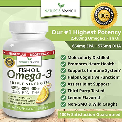 Best Triple Strength Omega 3 Fish Oil Pills - 180 Capsules - 2400mg High Potency Burpless Lemon Flavor 864mg EPA 576mg DHA Ultra Pure Liquid Softgels for Brain Joints Eyes Heart Health Supplement