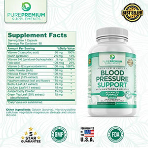 Premium Blood Pressure Support Supplement by PurePremium with Hawthorn & Hibiscus - Supports Cardiovascular & Circulatory Health - Vitamins & Herbs Promote Heart Health - 90 Caps