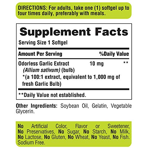 Puritan's Pride Odorless Garlic 1000 Mg, 500 Total Count (2 Pack of 250 Count Softgels), by Puritan's Pride, 500 Count