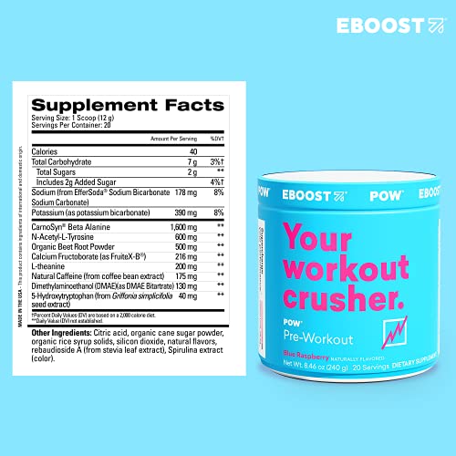 EBOOST POW Natural Pre-Workout – 20 Servings – Blue Raspberry - Pre Workout Supplement for Performance, Energy, Focus - Men Women - Non-GMO, Gluten-Free, No Creatine