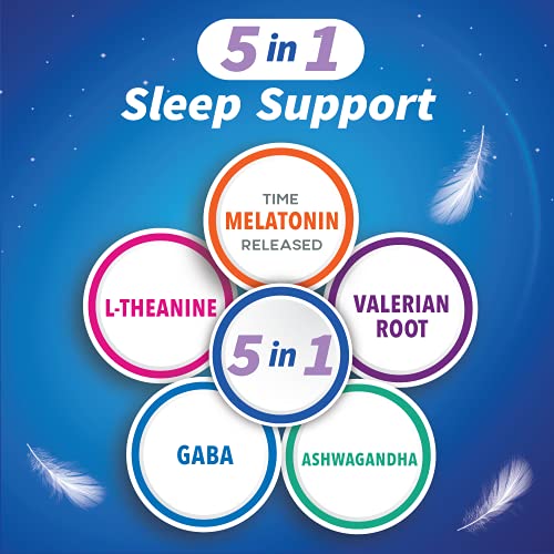Qunol Sleep Support, 5-in-1 Non-Habit Forming Sleep Aid, Supplement with time-released Melatonin 5mg, Ashwagandha, GABA, Valerian Root, L-Theanine, 2 months supply, capsules, 60 ct