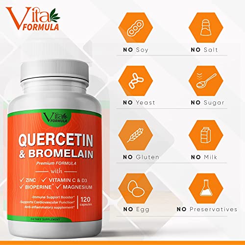 VITA FORMULA Quercetin with Bromelain Supplement, 500mg Vitamin C, Zinc, D3, Magnesium, BioPerine, Extra Strength Immune Support Joint and Respiratory Health Capsules, 120-Ct.