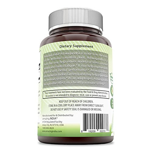 Amazing India Ashwagandha (Made with Organic Ashwagandha) 500 Mg 250 Veggie Capsules (Non-GMO) * Promotes Healthy Immunity Supports Stress Management and Promotes Vitality *