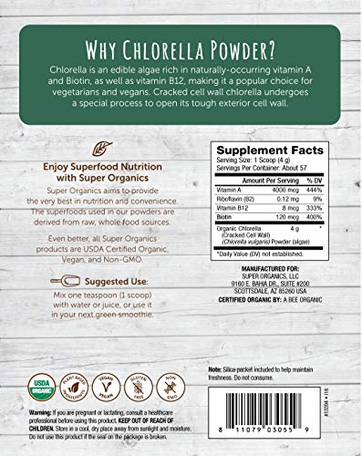 Super Organics Chlorella Powder | Rich in Vitamin A & B12 | Organic Superfood Powder | Raw Superfoods | Whole Food Supplement – Vegan, Gluten-Free & Non-GMO, 8 oz