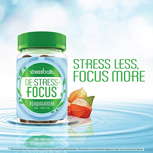 Stressballs, De-Stress + Focus, with Ashwagandha for Stress Relief, Sage & Green Tea Herbal Blend, Non-Drowsy Supplement, 46 Gummies