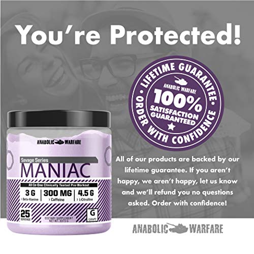 Maniac Pre Workout Powder by Anabolic Warfare – Preworkout Mix to BoostFocus & Energywith Caffeine, Beta Alanine, Lions Mane Mushroom, L Citrulline Powder and Creatine (Grape - 25 Servings)