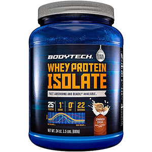 BodyTech Whey Protein Isolate Powder with 25 Grams of Protein per Serving BCAA's Ideal for Post Workout Muscle Building and Growth, Contains Milk and Soy, Cinnamon Cereal Flavor (1.5 Pounds)