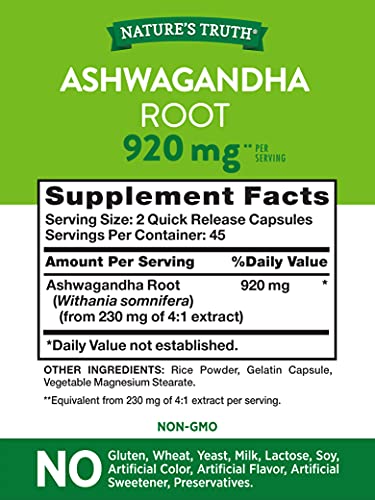 Ashwagandha Capsules | 920 mg | 90 Count | Non-GMO & Gluten Free Supplement | by Nature's Truth