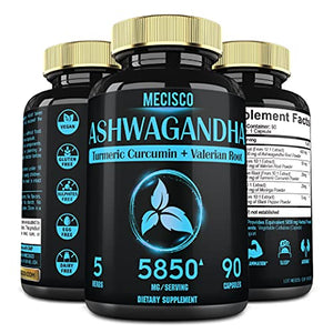 Ashwagandha Capsules + Valerian Root & Turmeric Curcumin 5850mg - 90 Vegan Capsules - Mood Enhance, Stress, Adrenal, Thyroid Support - 3 Months Supply