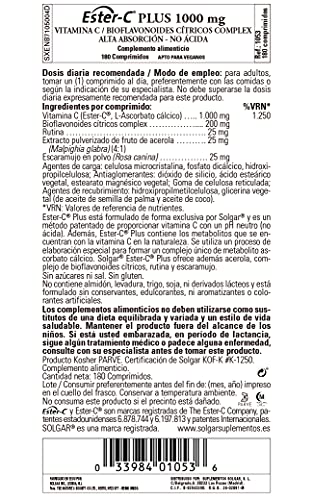 Solgar Ester-C Plus 1000 mg Vitamin C (Ascorbate Complex), 180 Tablets - Gentle On The Stomach & Non Acidic - Antioxidant & Immune System Support - Non GMO, Vegan, Gluten Free, Kosher - 180 Servings