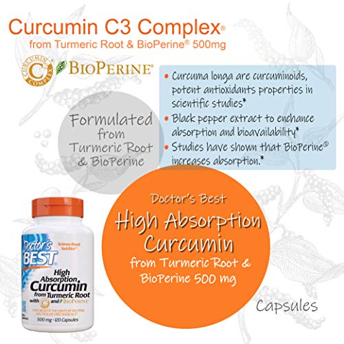 Doctor's Best DRB-00107 High Absorption Curcumin From Turmeric Root with C3 Complex & BioPerine 500mg (120 Capsules)