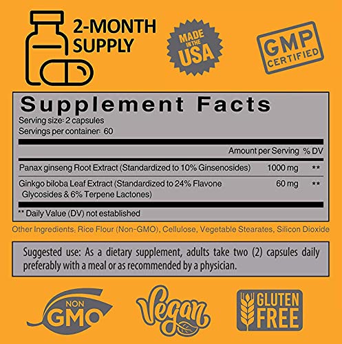 Authentic Korean Red Panax Ginseng + Ginkgo Biloba, 120 Vegan Capsules, Ginseng Root Extract Powder 1000mg (10% Ginsenosides) + Gingko Biloba 60mg, Energy and Focus Pills for Men and Women by NooMost