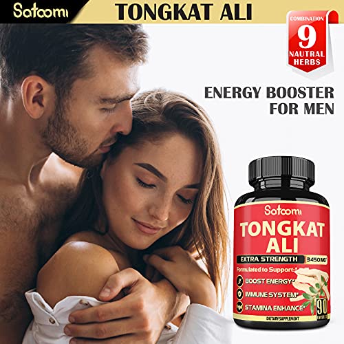 Satoomi Natural Tongkat Ali Root Extract 200:1 - 9 Essential Herbs Equivalent to 3450mg - Support Strength, Energy and Healthy Immune - 1 Pack 90 Vegan Caps 3 Month Supply