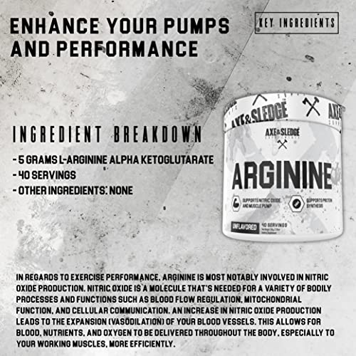 Axe & Sledge Supplements Arginine Basics Powder, Supports Pumps, Performance, Nitric Oxide Production, and Cardiovascular Health, Unflavored, 40 Servings