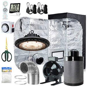 BloomGrow 300W Full Spectrum UFO LED Light + 24''x24''x48'' Grow Tent + 4'' Inline Fan Filter Duct Combo + Hangers + Hygrometer + Shears + 24-hour Timer + Trellis Netting Indoor Grow Tent Complete Kit