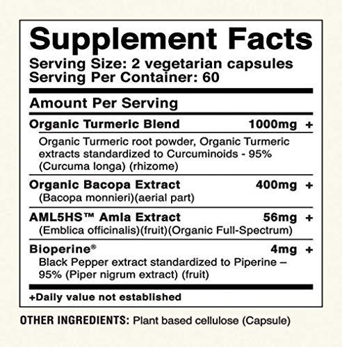 Avira Organic Turmeric Bacopa - Super Fusion with Amla, Curcumin & Bioperine, Support Positive Mood, Cognitive & Mental Alertness, Enhanced Absorption, Vegan, Non-GMO, Max Strength-1462mg Per Day