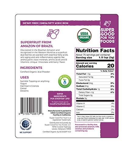 Super Good For You Foods Freeze Dried Acai Berry Powder, USDA Certified Organic, Gluten-Free, Non-GMO, Vegan, No Sugar Added, Kosher, 8 oz
